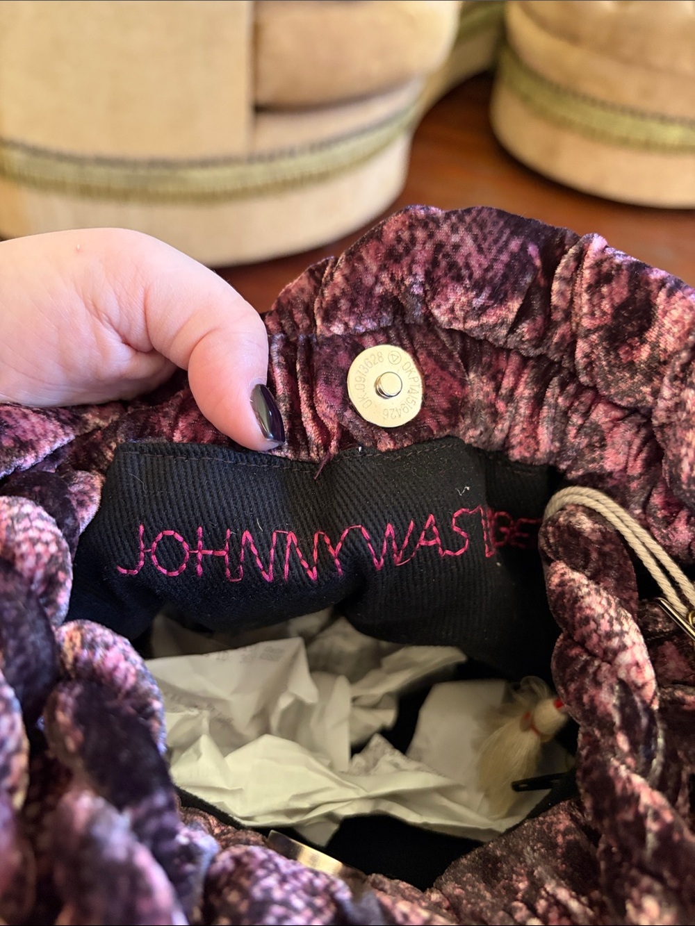 Johnny Was Plum Velvet Mini Drawstring Bag with Multicolor Floral Embroidery - Picture 4 of 5